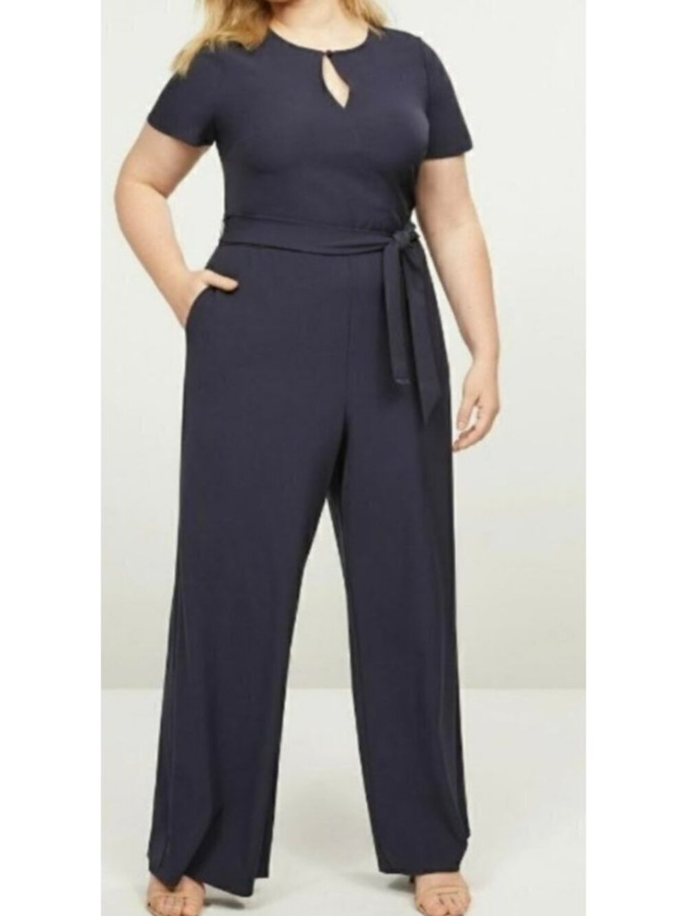 Lane Bryant Lena Blue Wide Leg Jumpsuit with Keyhole Neckline Size 28 Euc